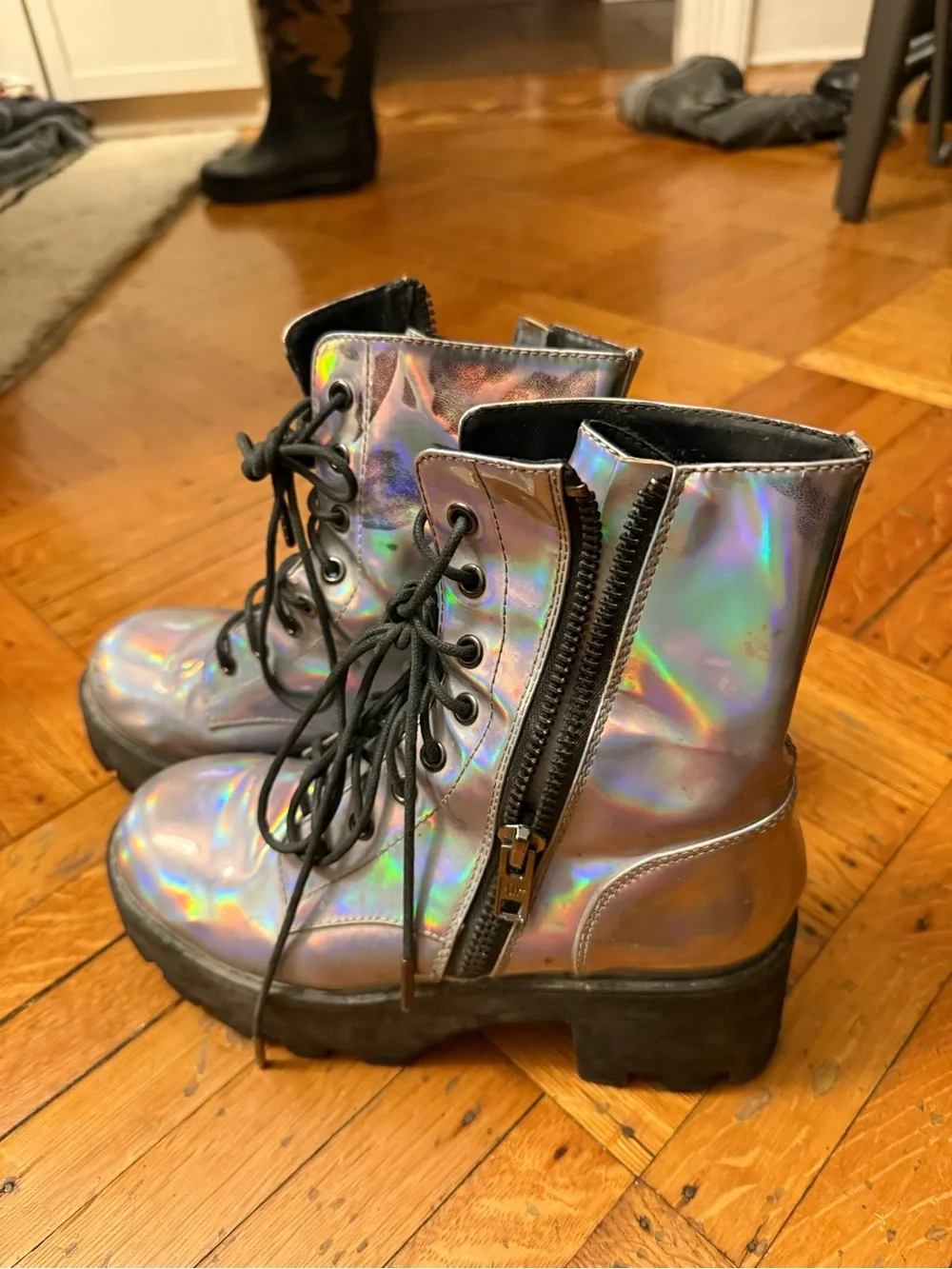 Current Mood Holographic Silver Platform Combat Boots